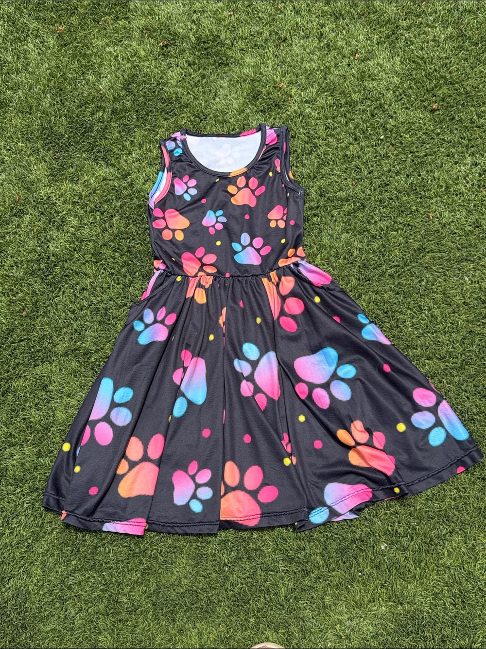 Girls' Black Dress with Multicolor Paw Prints - Kids Dress with Pockets